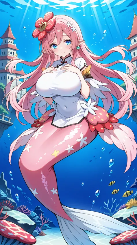 (Fraction_9:0.9),Fraction_8_Up,Fraction_7_Up,grade,(zPDXL3),(   masterpiece),  (best quality ),(All five fingers ),(five fingers),a girl,alone,traptrix_rafflesia,pink hair,hair_flower,long hair,blue eyes,white cheongsam,Chinese cheongsam,Cheongsam clothing...