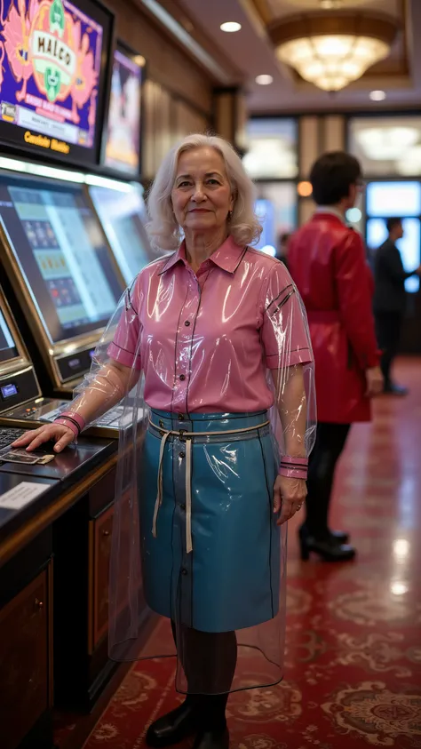 pradarctrans2003, a wide angle image taken at the side of a casino floor near the cash handling room, a 85 year old fat asian woman stands at a counter next to a touch screen with money on the counter wearing a pink latex shirt and a blue latex skirt with ...