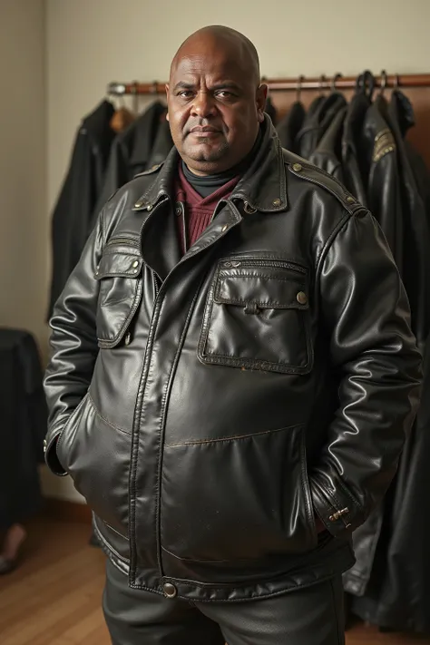 a fat bald black man 50 years old with large muscular arms and a big belly weighing 400 pounds with massive thighs, wearing a shiny black 1960s brit1960smoto jacket that has dirt and grime on the sleeves and jacket from age, the man stands in a bedroom wit...