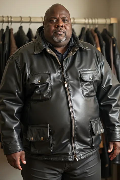 a fat bald black man 50 years old with large muscular arms and a big belly weighing 400 pounds with massive thighs, wearing a shiny black 1960s brit1960smoto jacket that has dirt and grime on the sleeves and jacket from age, the man stands in a bedroom wit...