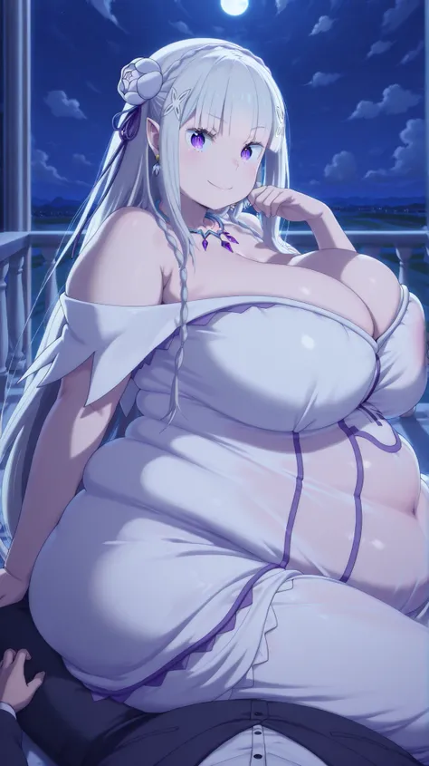 hyper fat,hyper obese,chubby,obese,fat,plump,WeightObese,(masterpiece), UHD, detailed, emilia, emilia (re:zero), braid, crown braid, flower, hair flower, hair ornament, hair ribbon, long hair, pointy ears, purple eyes, white hair, x hair ornament, mature f...