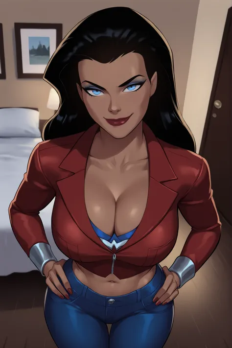 PonyXLV6_Scores BREAK ((parody), perfect anatomy, perfect eyes, cowboy shot), BREAK diana prince, long hair, black hair, blue eyes, scarlet red lipstick, dark-skinned female, ((looking at viewer)), seducing viewer, teasing viewer, cleavage, busty, long sle...