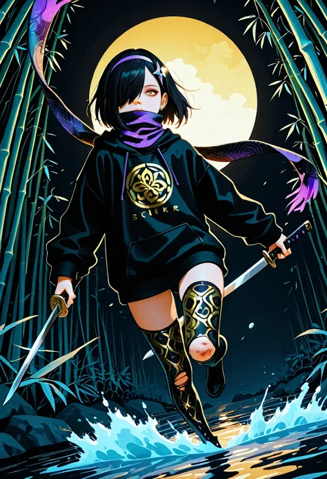 masterpiece, detailed_eyes, high_quality, best_quality, highres, absurdres, 8k, score_9, 1girl, sunset, (light skinned girl), (hair over eye), ((light brown eye)), black hair, amethyst, piercings, slender body, flat chest, tiny shoulders, wide hips, huge a...