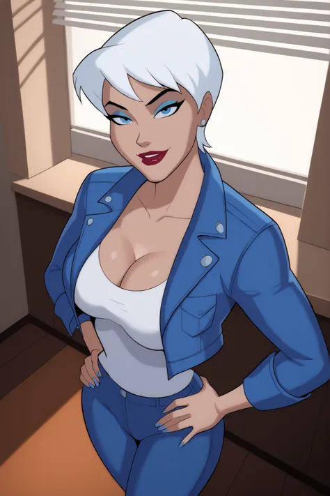 BREAK, score_9, score_8_up, score_7_up, score_6_up, masterpiece, high quality, perfect face, perfect eyes, JLUIce, solo, 1girl, white hair, short hair, blue eyes, lipstick, makeup, very large breasts, curvy, athletic, cleavage, smile, closed mouth, seducti...