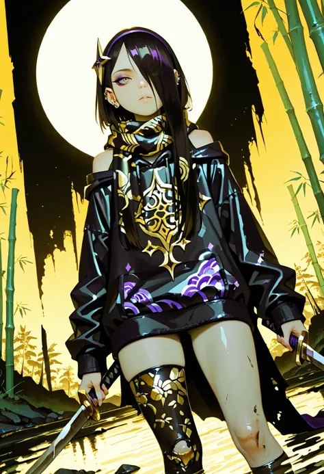 masterpiece, detailed_eyes, high_quality, best_quality, highres, absurdres, 8k, score_9, 1girl, sunset, (light skinned girl), (hair over eye), ((light brown eye)), black hair, ((amethyst, tanzanite, Sugilite)), piercings, slender body, flat chest, tiny sho...