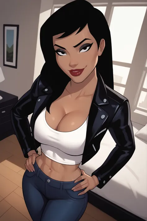 BREAK, score_6_up, score_7_up, score_8_up, score_9, 1girl, solo, Drlight, long hair, black hair, black eyes, lipstick, makeup, dark-skinned female, large breasts, busty, cleavage, curvy, athletic, midriff, looking at viewer, seducing viewer, teasing viewe...