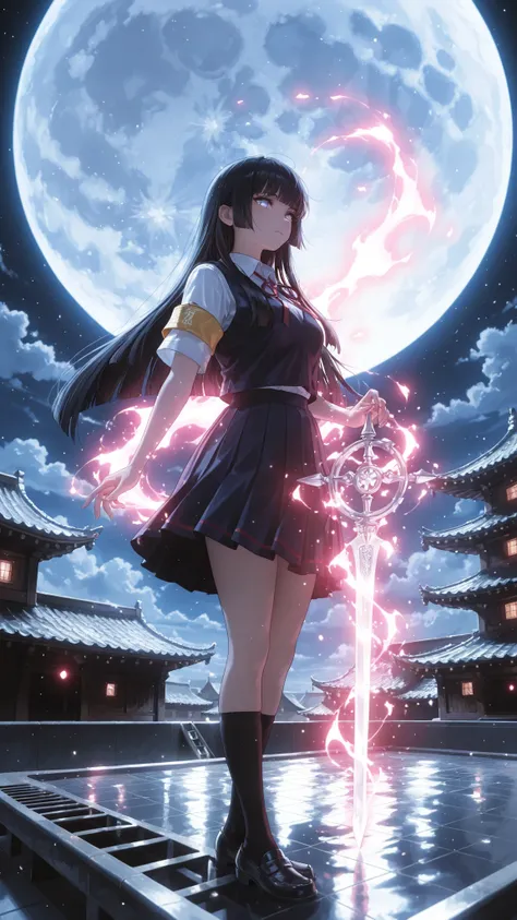 (masterpiece:1.3), (best quality), ultra detailed, anime style, dramatic lighting,
a beautiful female disciplinary committee member, (short black hair with blunt ends:1.5), expressionless face, glowing silver eyes,
wearing a white long-sleeved shirt wit...