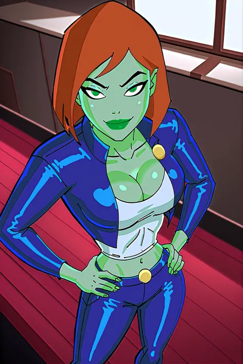 BREAK, score_6_up, score_7_up, score_8_up, score_9, 1girl, solo, green skin, green eyes, orange hair, green lipstick, makeup, Megan, superhero, large breasts, busty, cleavage, curvy, athletic, looking at viewer, seducing viewer, teasing viewer, seductive e...