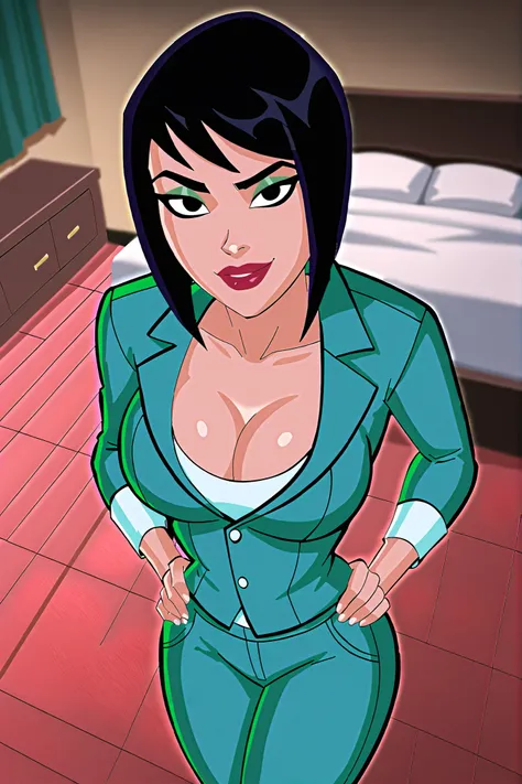 solo, 1girl, looking at viewer, seducing viewer, teasing viewer, bob cut, black hair, black eyes, tan skin, large breasts, cleavage, BREAK, score_8_up, score_7_up, score_9, score_6_up, high quality, best quality, face focus, lipstick, makeup, seductive exp...