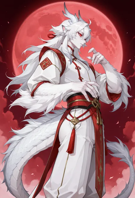 best quality, masterpiece \(quality\), L0LSPL4SH, year2024, year2023, West Studio, sixmorevodka, 1male, by Riolutiny, solo, ((dragon_human_hybrid)), pale skin, short white hair, (white fur, white fluffy dragon arms, fluffy dragon legs, dragon tail, dragon ...