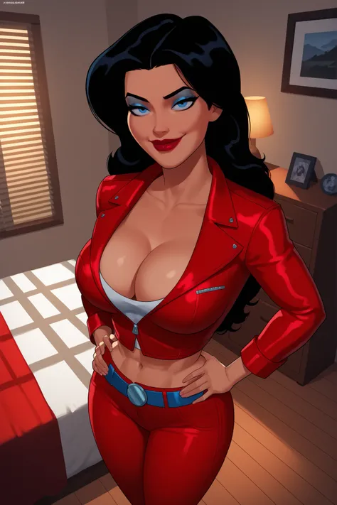 BREAK, score_6_up, score_7_up, score_8_up, score_9, Donna Troy, 1girl, solo, lipstick, makeup, long hair, black hair, blue eyes, looking at viewer, smiling, closed mouth, sultry expression, bedroom eyes, large breasts, busty, cleavage, curvy, athletic, lo...