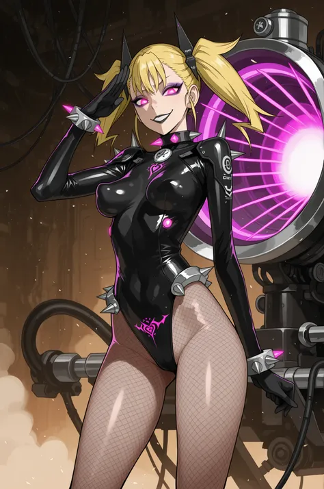 Kikoru Shinomiya. Blonde hair. Twintails. Villain eyeshadow. Purple eyeshadow. Pink glowing eyes. Cynical smile. Black lips. Glossy. Black latex costume. Leotard. Black gloves. Fishnet tights. Perky breasts. Large waist. Detailed thighs. Crotch tattoo. Spi...