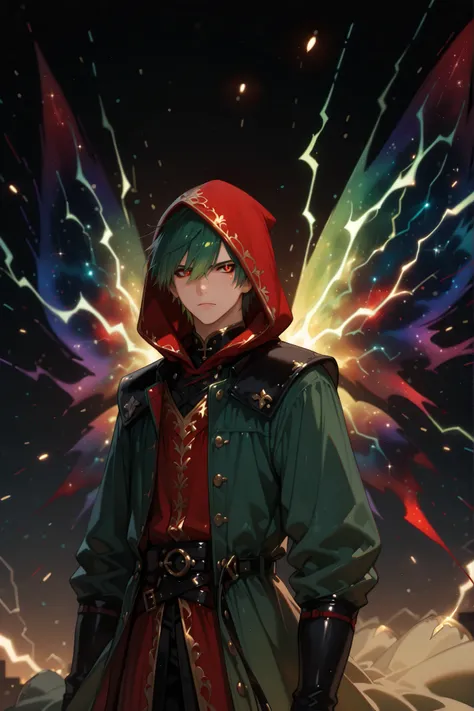 ukaku,lthndrtrl,made of golden and blue and red and yellow and purple lightning thunder trails ,wings,gradient kagune,two kagune,Male character, focus on male character, Man, green hair, serious, Medieval clothing, hood over the body, long green overcoat, ...