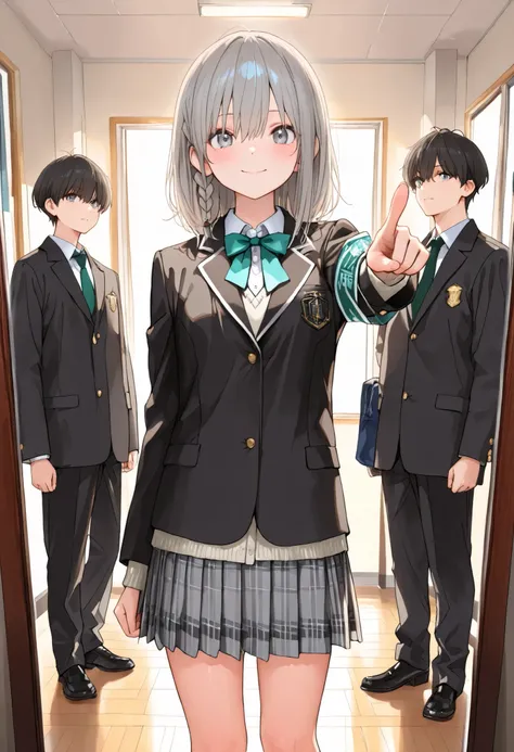 (((High school front gate)))，High Pressure Girl，((Nio-Ryu)),(((Chairman of the Discipline Committee's armband)))，cowboy shot，Approximately 150 cm,charismatic presence,Young face，high school， Surrounded by male students,Pointing and Instructions,4K High Res...