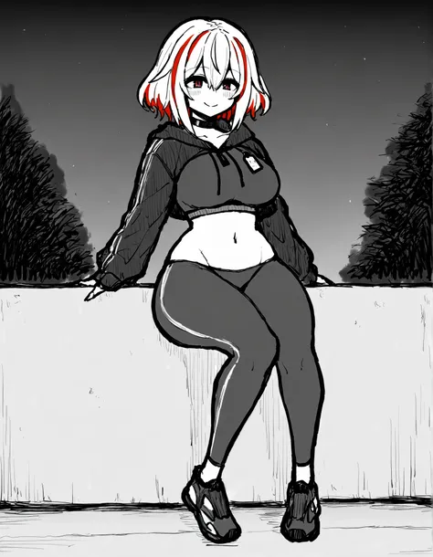 ((Masterpiece,8k,detailed,best quality),1female,perfect face,(cute face),breasts,wide hips,big thighs,pretty eyes,choker,red eyes, between eyes ,Roon, standing, blonde_hair, short_hair, streaked_hair, smile,bob hair, bangs,black sport sport leggings,croppe...