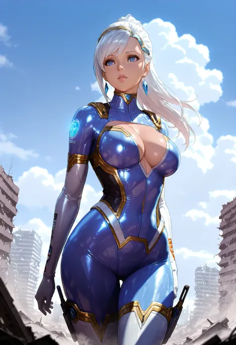 realistic, detailed, (masterpiece), (best quality), (ultra-detailed), original, [sci-fi],4k,8k,Highest quality, ultra high definition, 4k, 8k, young woman, beautiful woman, great figure, big breasts, white hair, long hair, futuristic rubber suit, mechanica...
