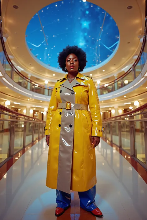 a wide angle scene of a 59 year old black woman weighing 300 pounds wearing a bright yellow and silver shiny vinyl trench coat, she wears blue rubber polished pants and red polished boots, she stands inside the atrium of a cruise ship, a panoramic dome sho...