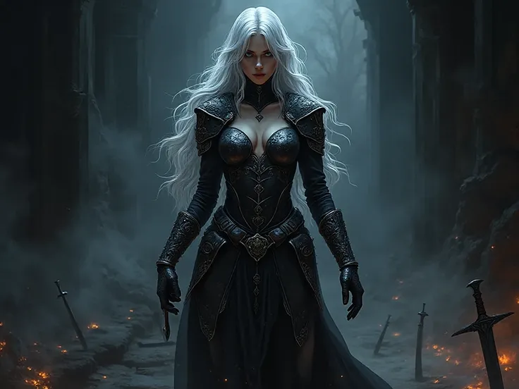 A dark fantasy D&D-style illustration of a female blood mage, standing amid shadows and arcane mist. She wears a res, sexy armor,no armo,  that is form-fitting and revealing all her body — elegant rather than crude, forged from obsidian and silver runes th...