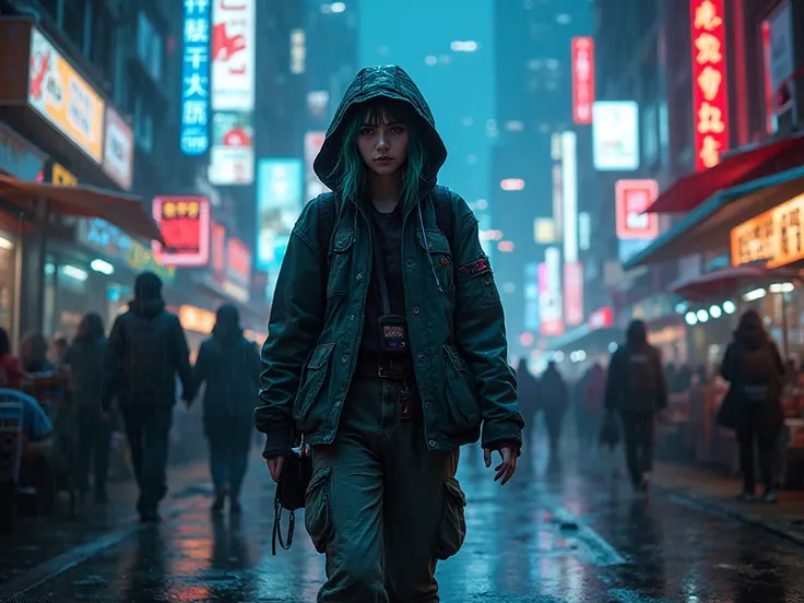 A young woman in a cyberpunk megacity, walking through crowded neon-lit streets under constant rain. She wears practical synthetic clothing — a hooded jacket with luminous seams, faded utility pants, and worn sneakers. Her short hair is streaked with neon ...