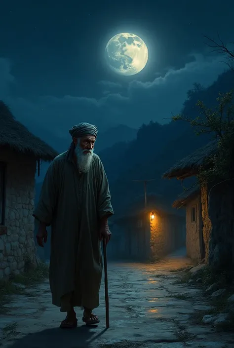 A 77-year-old Muslim man walks at night in a village
