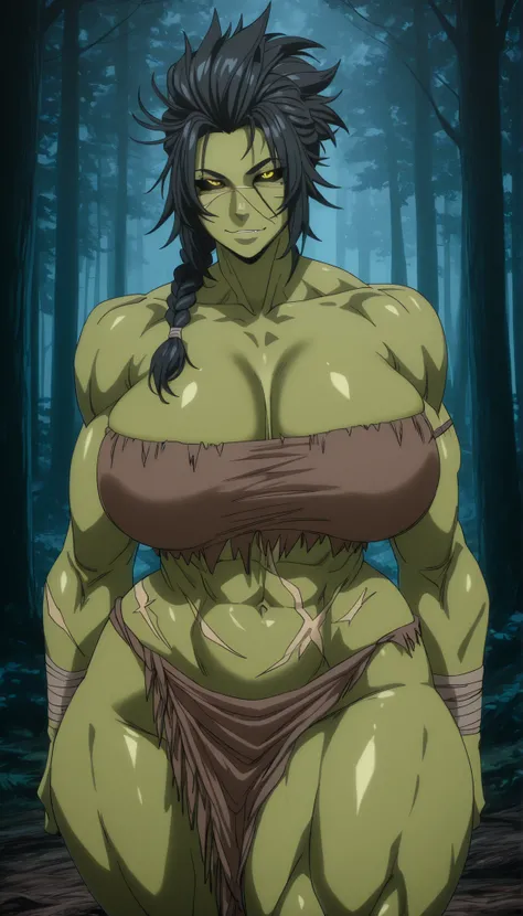 Orc female, short hair, black hair, spiky hair, hair up, short hair, low braid, scar on belly, combed hair, yellow eyes, green skin, flat coloring, 2d coloring, muscular body, glowing pupils, black sclera, large breasts, highly detailed, detailed eyes, tri...