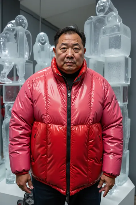 A 45 year old fat Asian ugly man with wrinkled skin and extreme obesity wears a Colmar1260 jacket that is pink and red with diamond quilting, he stands inside of a cold show room displaying ice sculptures of bondage items