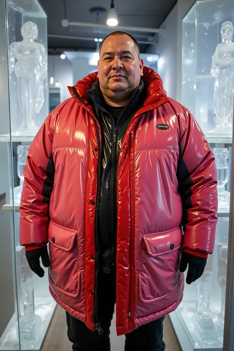 A 45 year old fat Asian ugly man with wrinkled skin and extreme obesity wears a Colmar1260 jacket that is pink and red with diamond quilting, he stands inside of a cold show room displaying ice sculptures of bondage items
