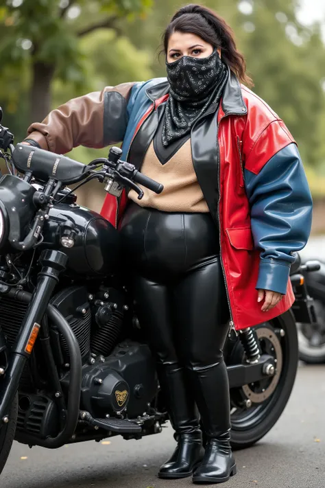 A breathtaking woman with a grotesquely obese elderly figure stands beside her large luxury motorbike just outside her house, poised and ready for the ride ahead. She exudes raw confidence and power, clad in a glossy open red and blue latex biker jacket th...