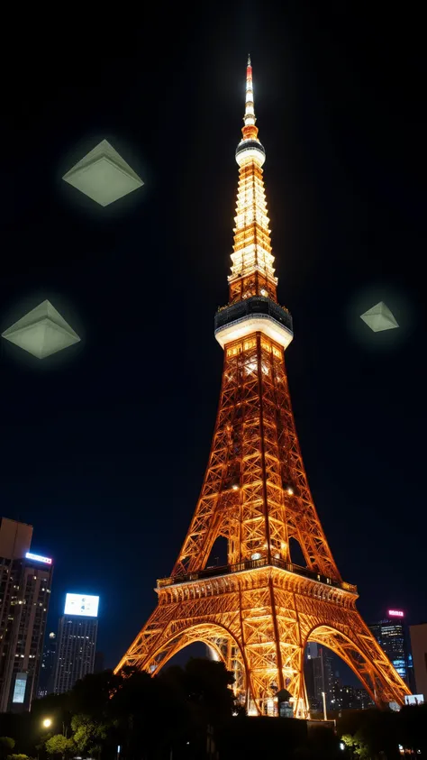 High-precision image、Lost in Translation next to Tokyo Tower at night、Pyramids are shining and floating in the sky、