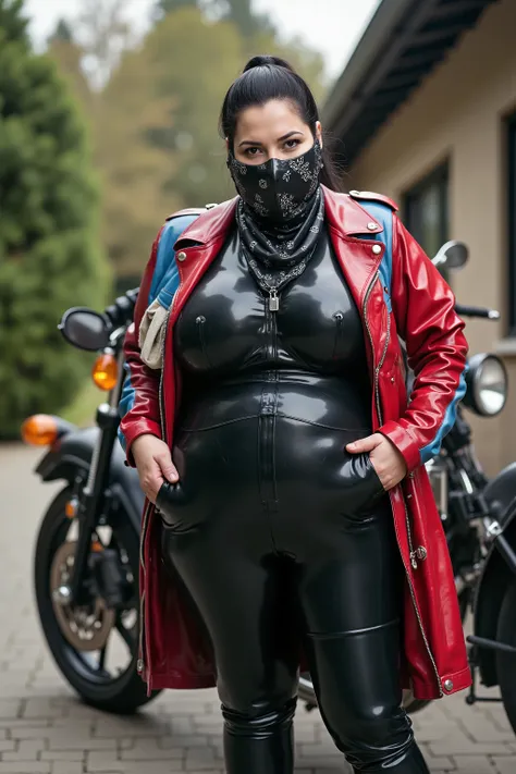 A breathtaking woman with a grotesquely obese elderly figure stands beside her large luxury motorbike just outside her house, poised and ready for the ride ahead. She exudes raw confidence and power, clad in a glossy open red and blue latex biker jacket th...