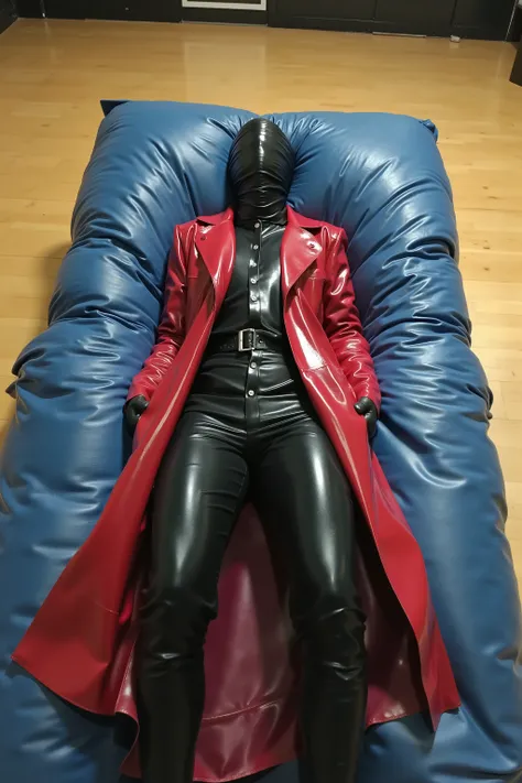 A person lays in a gymnasium that is brightly lit, the person wears a red latex trenchcoat with a black latex shirt and pants, they are wrapped in stiff thick blue rubber mattresses, mummy wrapped, thick puffy bondage, restrained tightly, shiny tight black...