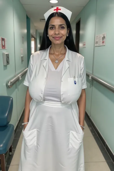 ((Best Quality)), ((Masterpiece)), (8K Ultra HD Photos), (Fully Perfect and Texture Body Details), (Oily Skin). (Realistic Skins Texture Photos) , A 40 Yrs Old ,Beautiful Indian Woman, Wearing White Shirt, Nurse Dress with Red Cross that is blue rubber , E...