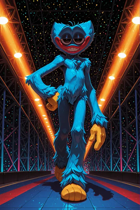 solo, 1boy, male, huggy_wuggy, huggy wuggy, blue fur, yellow hands, yellow feet, handfeet, lanky, red lips, black eyes, very large eyes, half-closed eyes, eye bags, fluffy body fur, fluffy, broad shoulders, blue body, narrow waist, long arms, chest tuft, s...