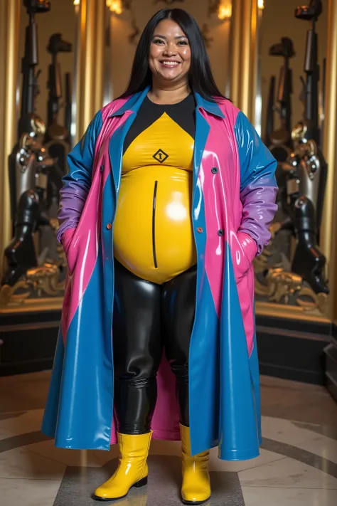 A 67 year old Asian dark skinned female with large belly large breasts large arms, weighing over 600 pounds, giant woman, wearing a bright blue and pink latex trenchcoat with an aggressive yellow diamond pattern on it, wearing aggressive yellow and black l...