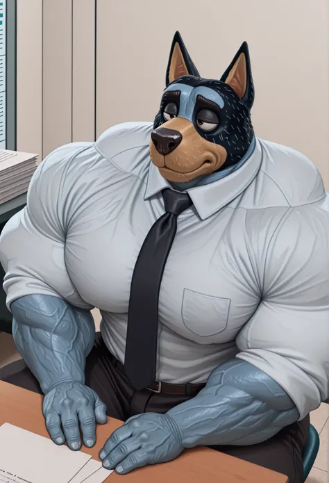 masterpiece, best quality, amazing quality, high quality, semi realistic, furry, 1boy, bandit heeler, black body, blue body, huge muscle, detailed background, solo, Upper view, Upper body view, black dress pants, white dress shirt, nice angle, office, sitt...