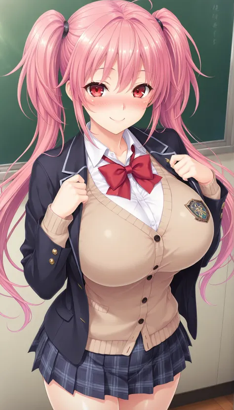 masterpiece, best quality, good quality, 1 girl, Segawa Ayane, pink hair, twin tails, red eyes, large medium breast, beautiful breast, perfect ratio, slim, game cg style, blush, horny, slutty, smile, school uniform, brown sweater, cardigan, white blouse, r...