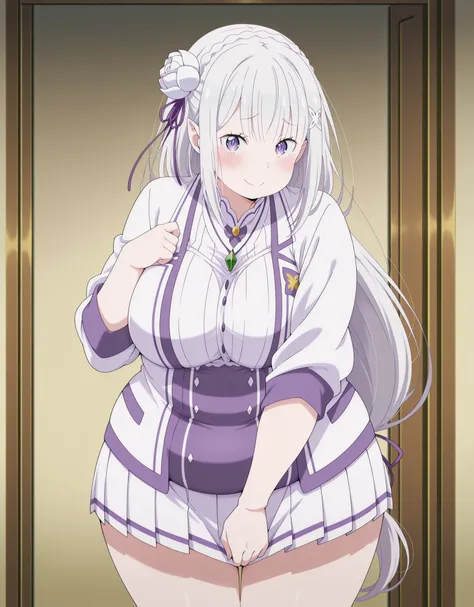 chubby,plump,WeightChubby,masterpiece, best quality, amazing quality,, emilia, emilia (re:zero), braid, crown braid, flower, hair flower, hair ornament, hair ribbon, long hair, pointy ears, purple eyes, white hair, x hair ornament, mature female, large br...