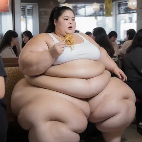 A highly detailed photorealistic photo of the most extremely fat, astronomically oversized, beautiful teenage woman imaginable sitting in a full body shot. She is an ultra-morbidly obese, hyper SSBBW weighing over 2000 pounds, a USBBW with fat rolls everyw...