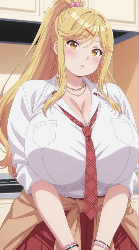 chubby,plump,WeightChubby,Masterpiece, high detail, very hd, best quality, semirealistis, ray trecing, solo, 1girl, detail face, detail hair, himari ishikura, long hair, bangs, blonde hair, hair ornament, yellow eyes, ponytail, hairclip, high ponytail, mat...