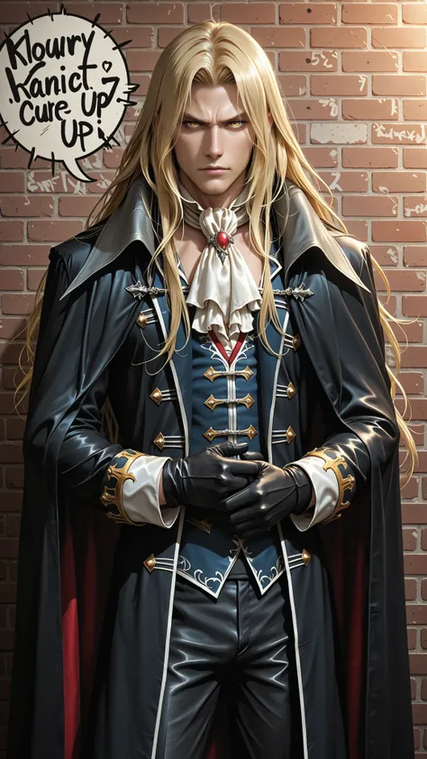 score_9, score_8_up, score_7_up, score_6_up, score_5_up, score_4_up, zPDXL2,source_anime,rating_questionable, 1boy, alucard_castlevania, long hair, cape, ascot, yellow eyes, black gloves, black pants, coat, , brick wall with golden graffiti at backgroun...