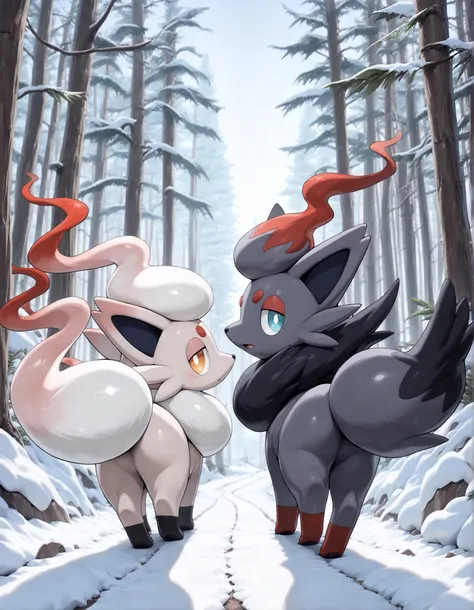 (((masterpiece, best quality, amazing quality, very aesthetic, high resolution, ultra-detailed, absurdres, detailed background, detailed eyes, volumetric lighting))), duo, side by side, rear view, looking back at viewer, feral, raised tail, pokemon, hisuia...