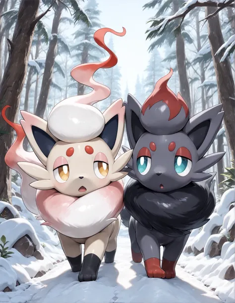 (((masterpiece, best quality, amazing quality, very aesthetic, high resolution, ultra-detailed, absurdres, detailed background, detailed eyes, volumetric lighting))), duo, side by side, rear view, looking back at viewer, feral, raised tail, pokemon, hisuia...