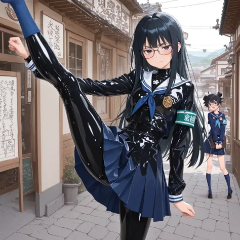 latex,bdsm outfit,morimee_style,cute face,3DMM,top quality、anime style、masterpiece、A girl who is a disciplined public morals chairman、 sailor uniform、the armband of the Discipline Committee、serious expression、wearing glasses、long black hair、high kick pose、...