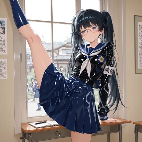 latex,bdsm outfit,morimee_style,cute face,3DMM,top quality、anime style、masterpiece、the girl who is the disciplined public affairs committee chairman、 sailor uniform、the armband of the Discipline Committee、serious expression、wearing glasses、long black hair、...