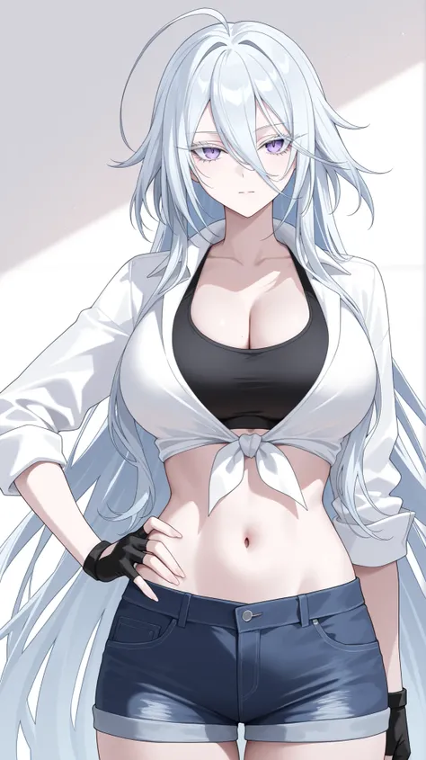 1girl, solo, anime girl, elegant, sovetsky_soyuz, masterpiece, very aesthetic, white hair, extremely long hair, very long hair between eyes, purple eyes, sharp eye outlines, white eyelashes, long eyelashes, looking at viewer, big breasts, midriff, slim bod...