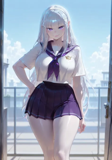 safe_pos, 1girl, Balecxi_Style, Emilia \(Re Zero)\, solo female, no background, day light, standing, big breasts, silver hair, long hair, purple eyes, curvy, thick thighs, long legs, school uniform, mini skirt, bare legs, elf, elf ears, white skin, pointy ...