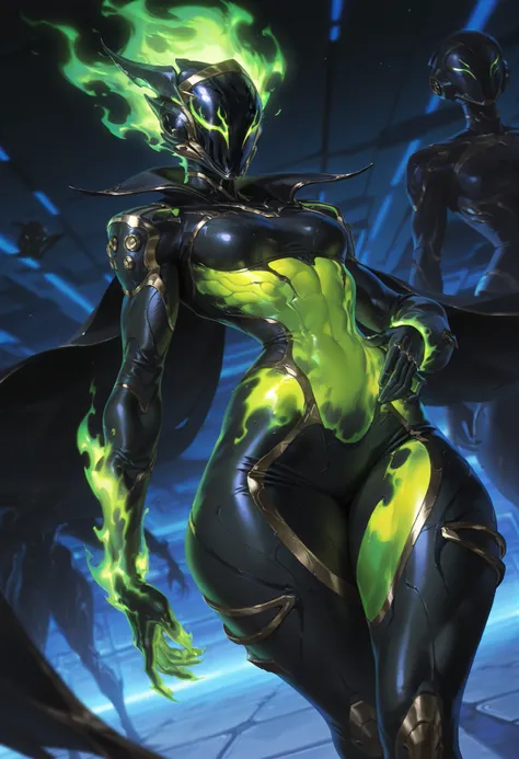 best quality, masterpiece \(quality\), L0LSPL4SH, year2024, year2023, West Studio, sixmorevodka, solo, 1girl, Hember, warframe, robot, (green fiery body, green fiery hair, multicolored body, black body, green body,) faceless, no mouth, ornamented helmet, m...