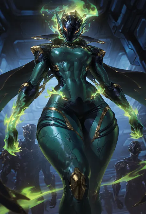 best quality, masterpiece \(quality\), L0LSPL4SH, year2024, year2023, West Studio, sixmorevodka, solo, 1girl, Hember, warframe, robot, (green fiery body, green fiery hair, multicolored body, black body, green body,) faceless, no mouth, ornamented helmet, m...