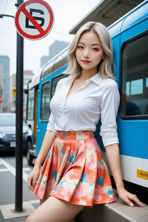 score_9, score_8_up, score_7_up.
Street corner stories.
She is wearing a knee-length skirt over tights.
Colorful and elaborate skirt made with many different colors.
She is about to board the bus.
She is looking at the bus.
Side view. Wide angle, long dist...