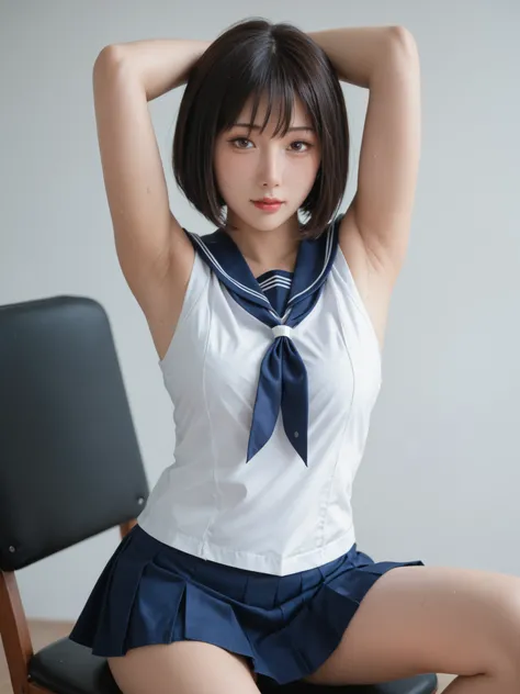 Highest Quality,masterpiece,staring at viewers,infirmary,Discipline Committee,Armpit,sweat,big boobs,soft touch,Delicate Body Curves,Realistic Human Body,school,,sleeveless,sailor suit,mini skirt,unique design,Armpitsweat,steam,bob cut,Armpitの匂い,sitting,
